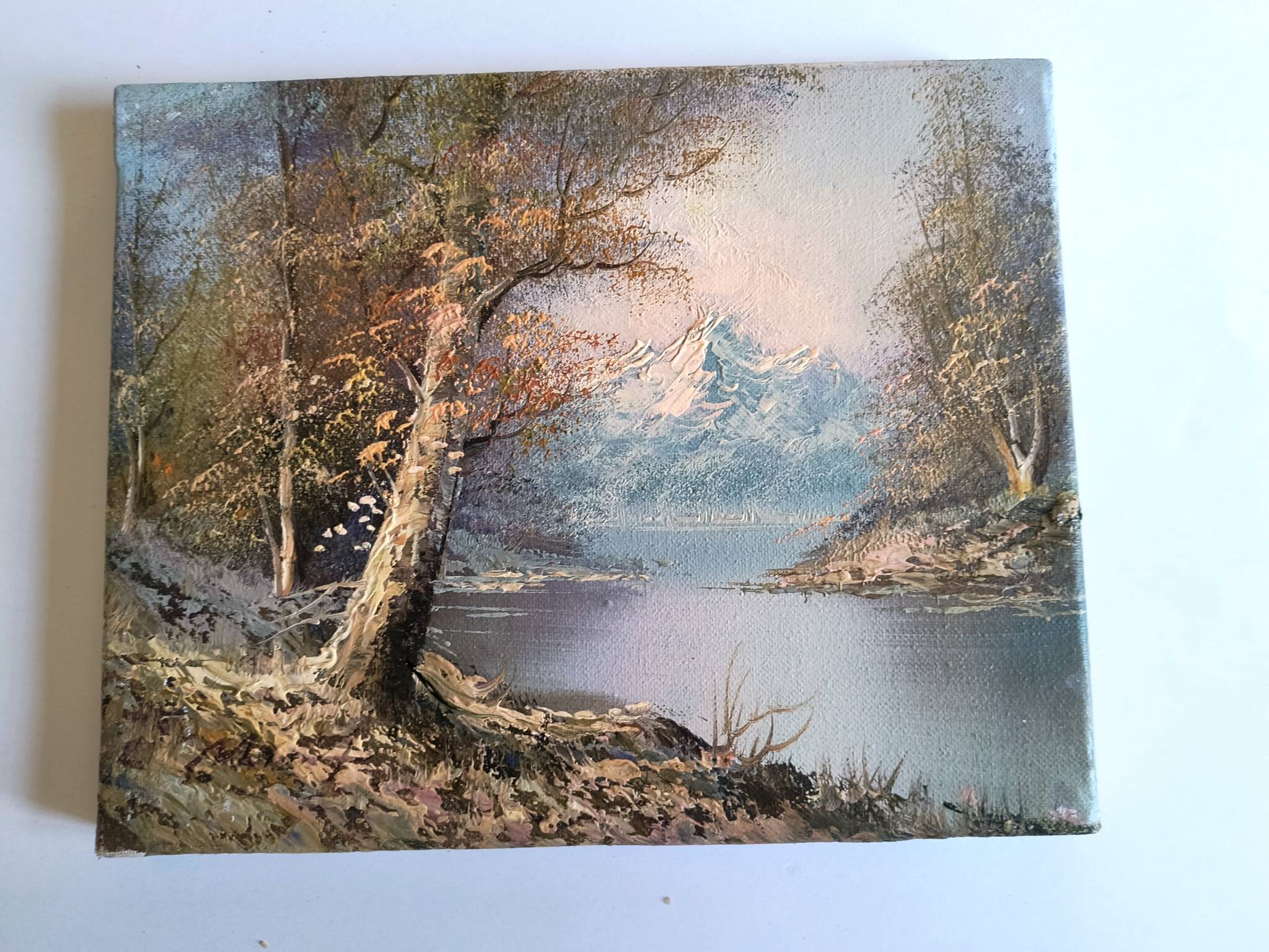 Antique oil painting – Lakeside – nature and tranquility