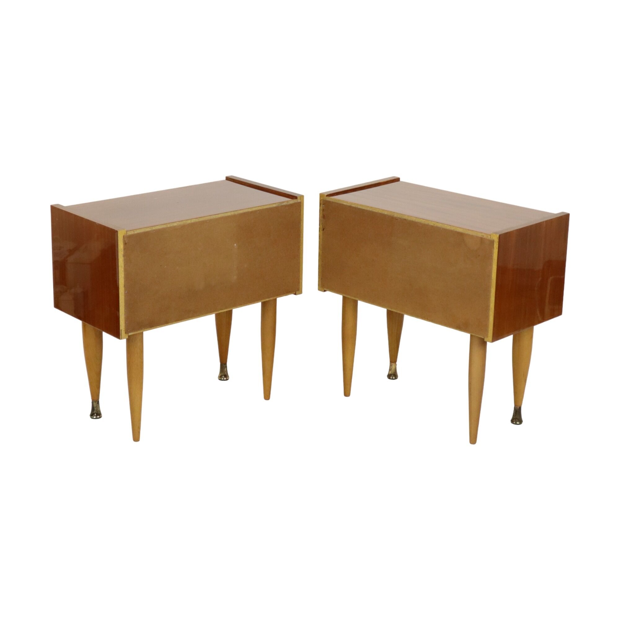 Pair of vintage wooden bedside tables hinged door conical 1960s design
