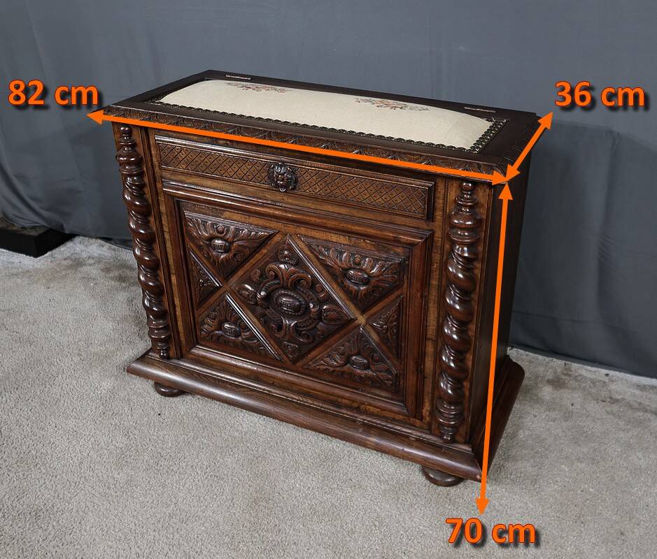 Coffre à linge de palier en hêtre et noyer massif, style louis xiii – fin xixe