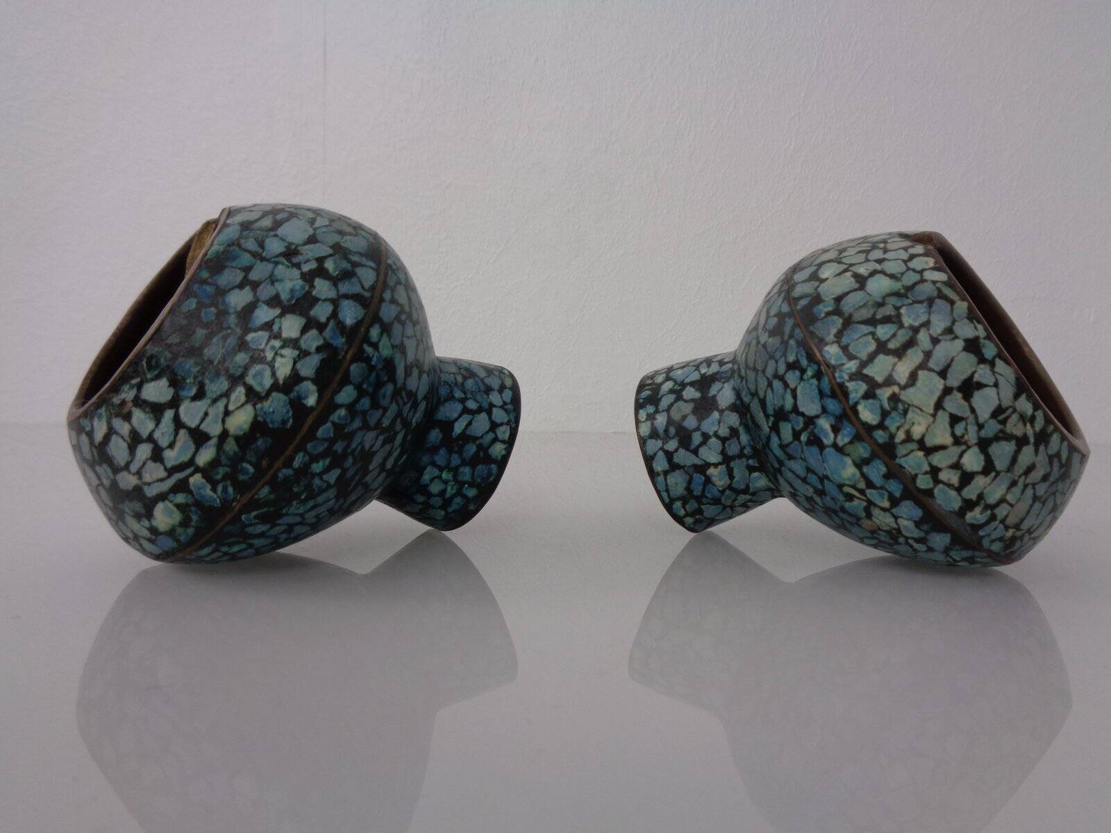 Vintage Indian Copper & Turquoise Stone Ashtrays, 1960s, Set of 2