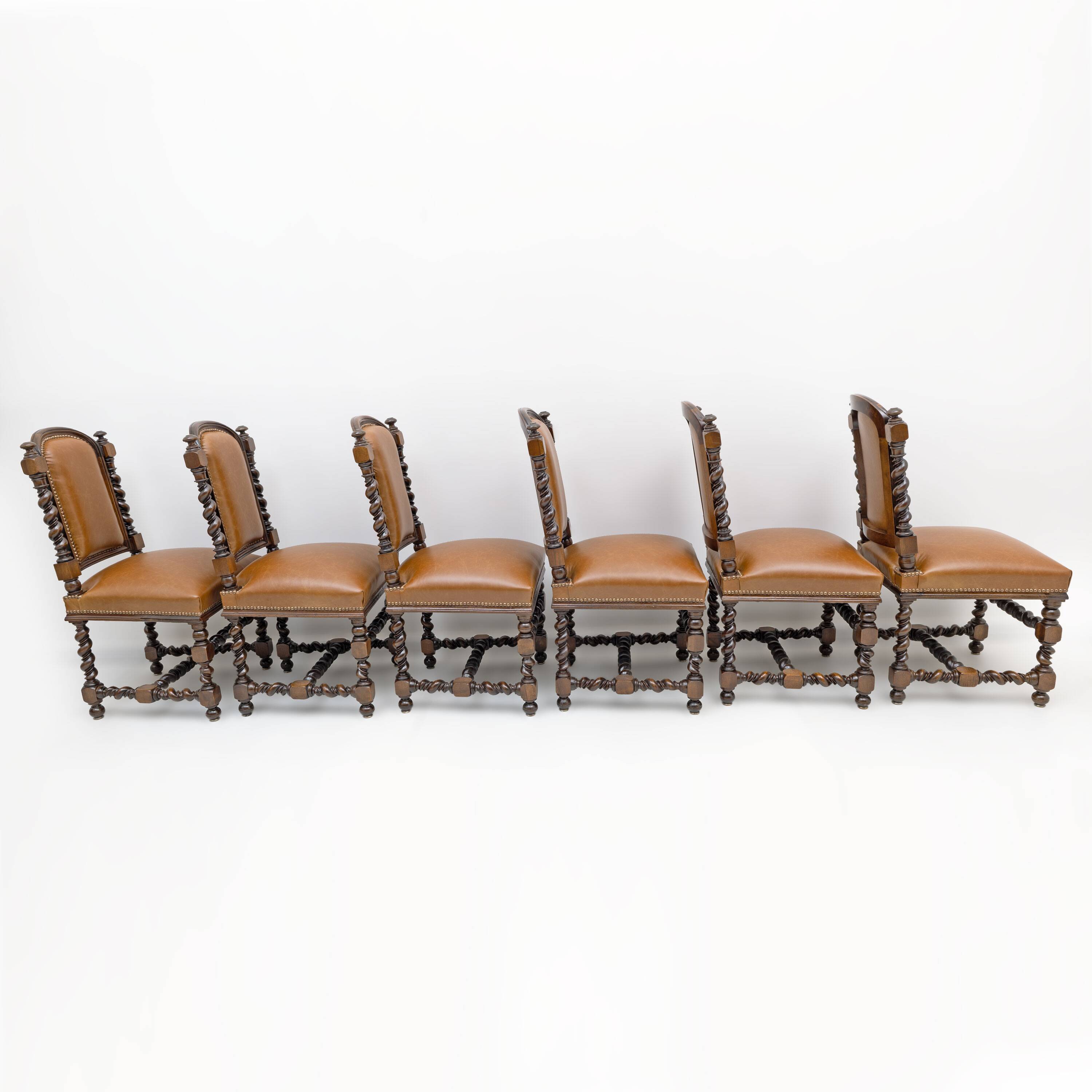 Six Antique Italian Neo-Renaissance Walnut Dining Chairs in Genuine Leather