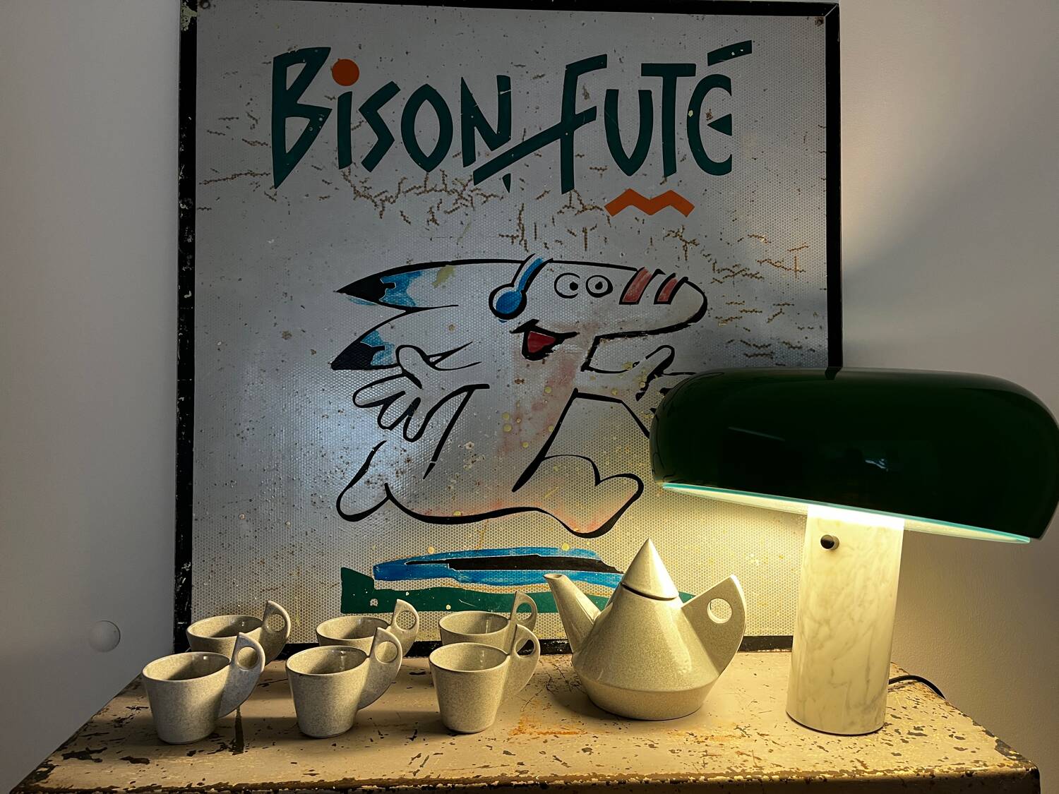 80s/90s design tea set, speckled ceramic, teapot + 6 cups.