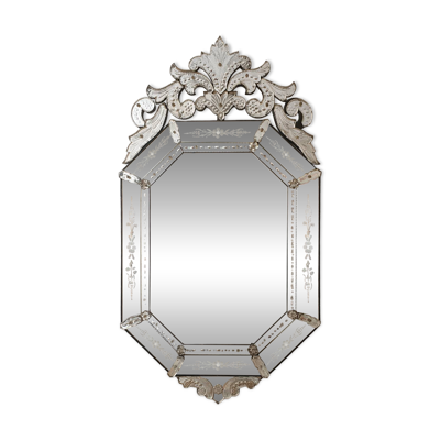 Miroir vénitien ancien fin XIXe – verre biseauté & décor gravé – 124 x 68
