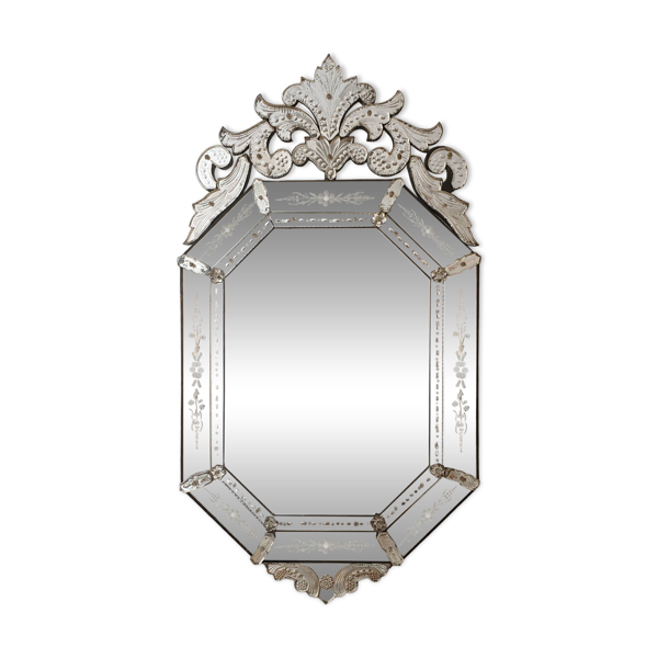 Miroir vénitien ancien fin XIXe – verre biseauté & décor gravé – 124 x 68