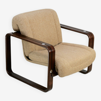 Modernist armchair. Wool, wood and steel. Circa 1970
