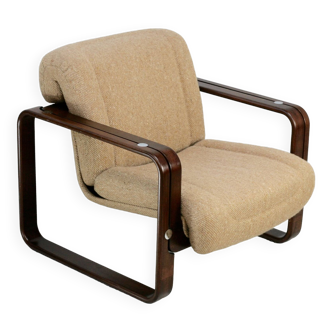 Modernist armchair. Wool, wood and steel. Circa 1970