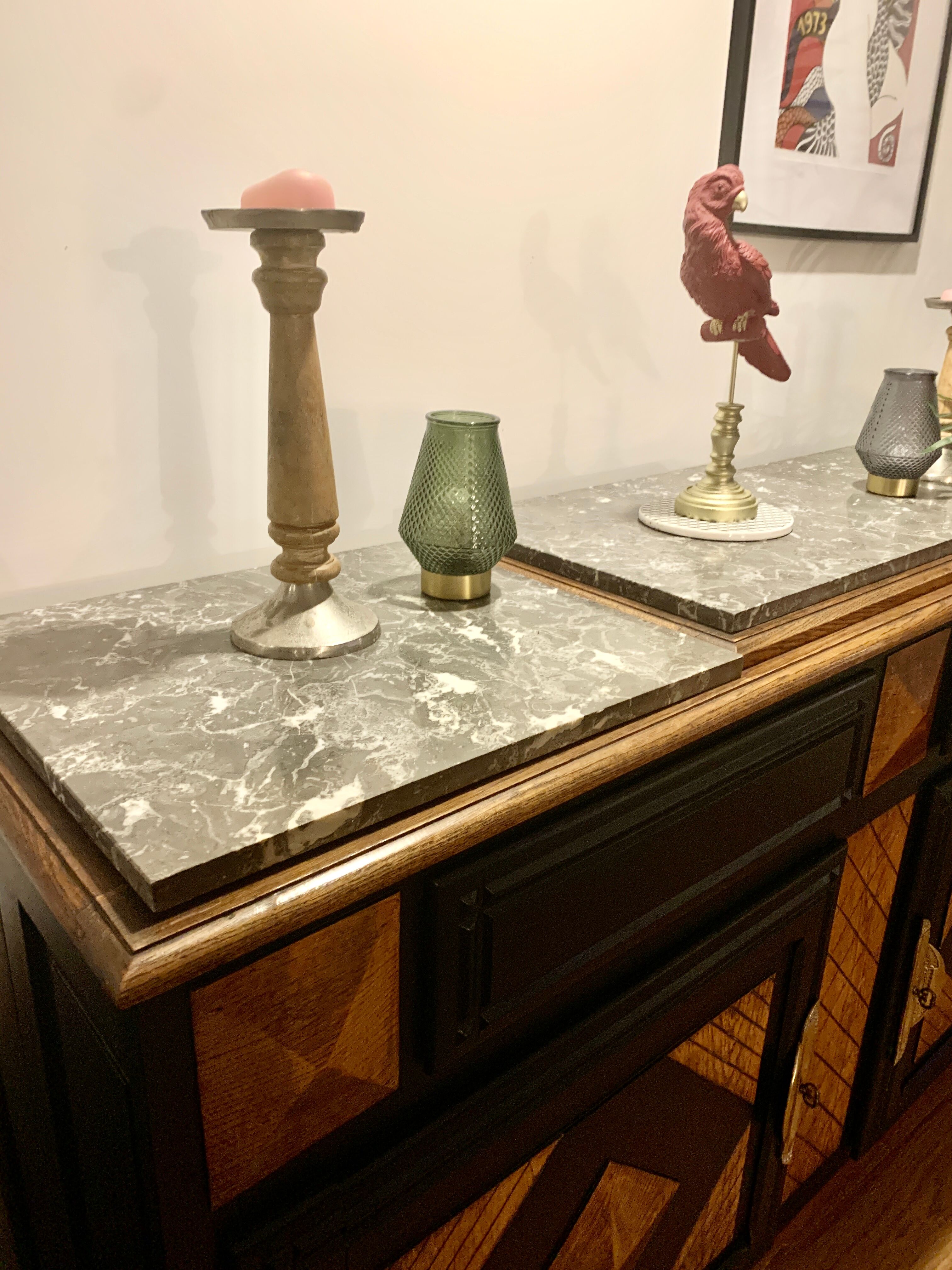 Art deco sideboard in carved oak diamond point, gray marble top