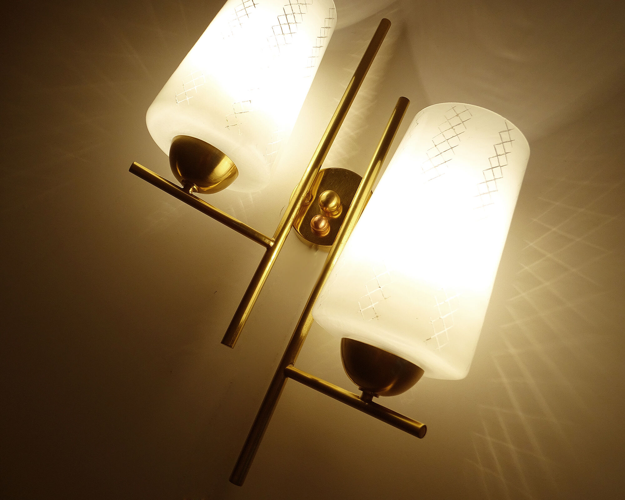 Pair vintage wall lamps 60 glass brass