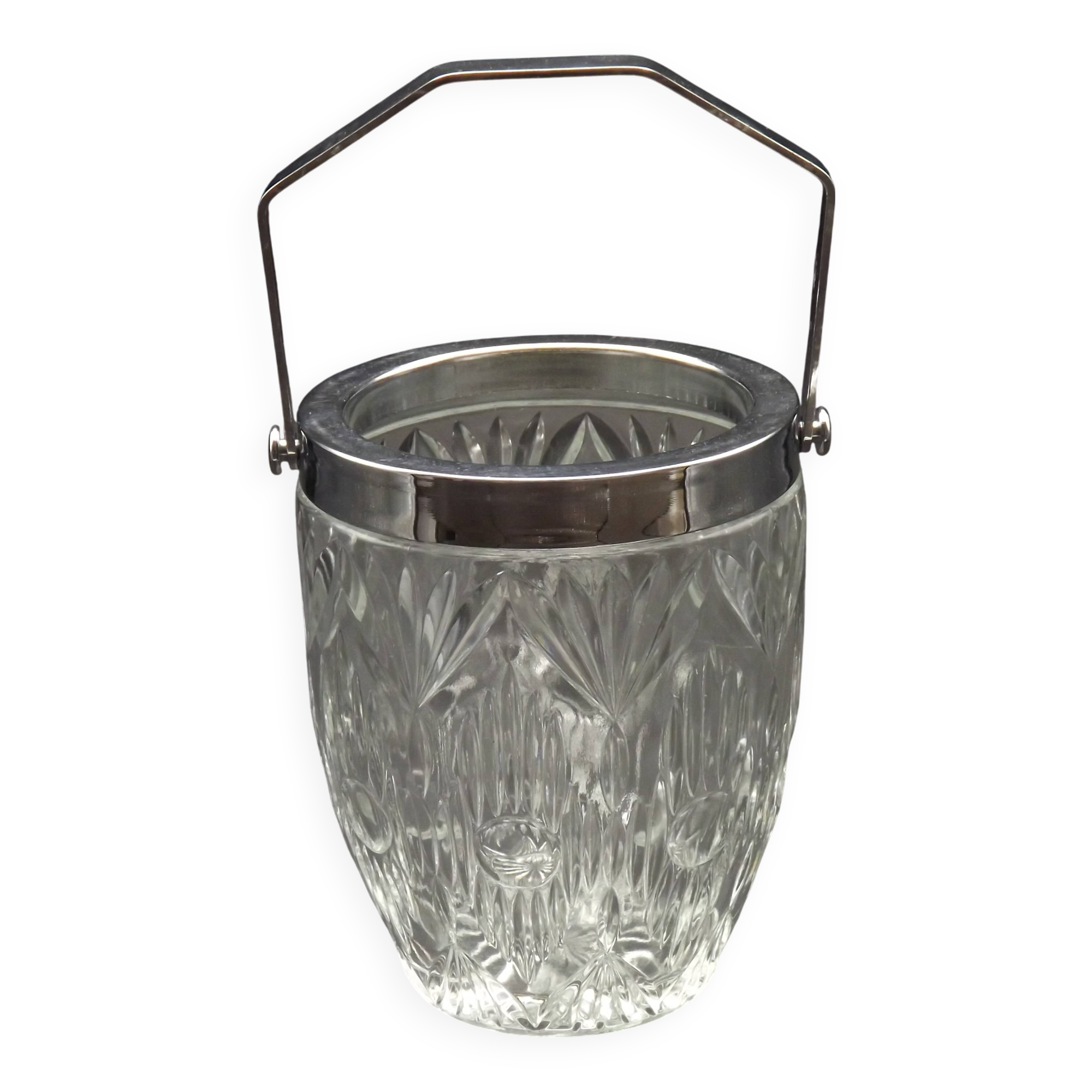 Quality Cut Glass French Vintage Ice Bucket Silver Metal Carry Handle 4507