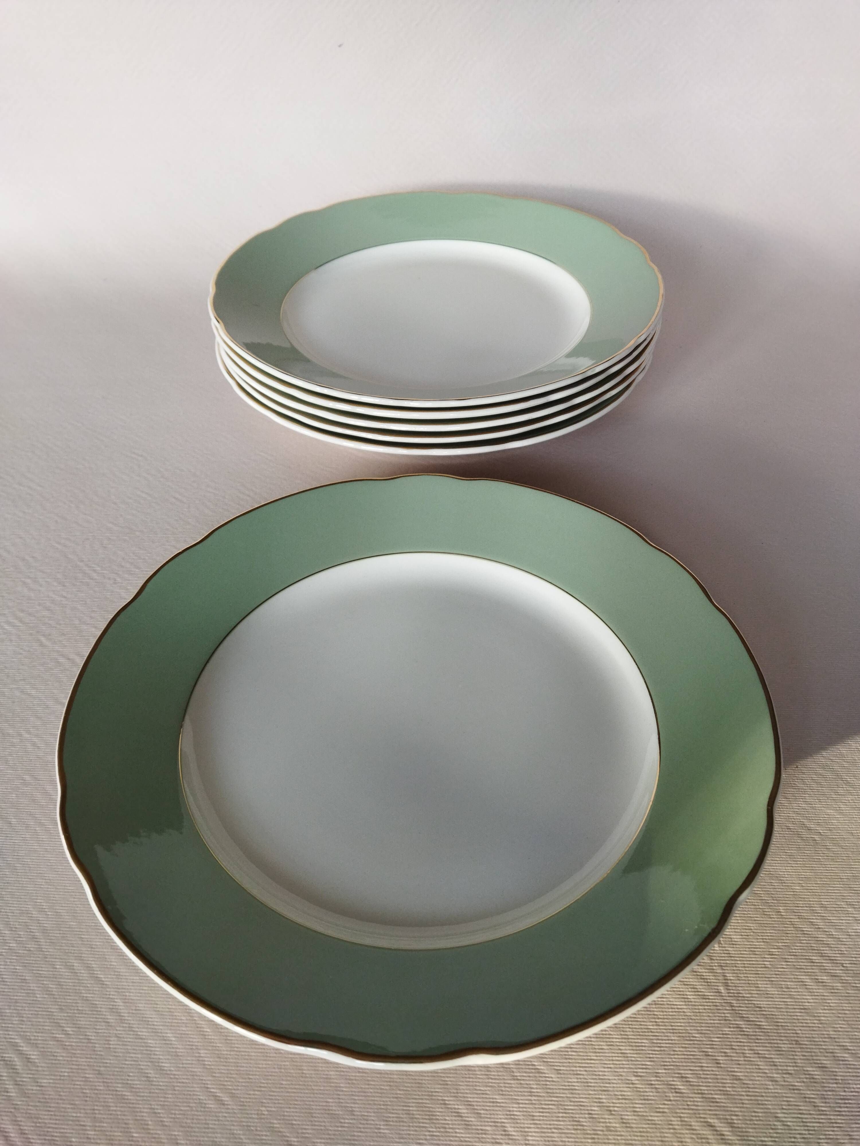 6 flat plates Villeroy & Boch Mettlach celadon green and vintage gold 1960s