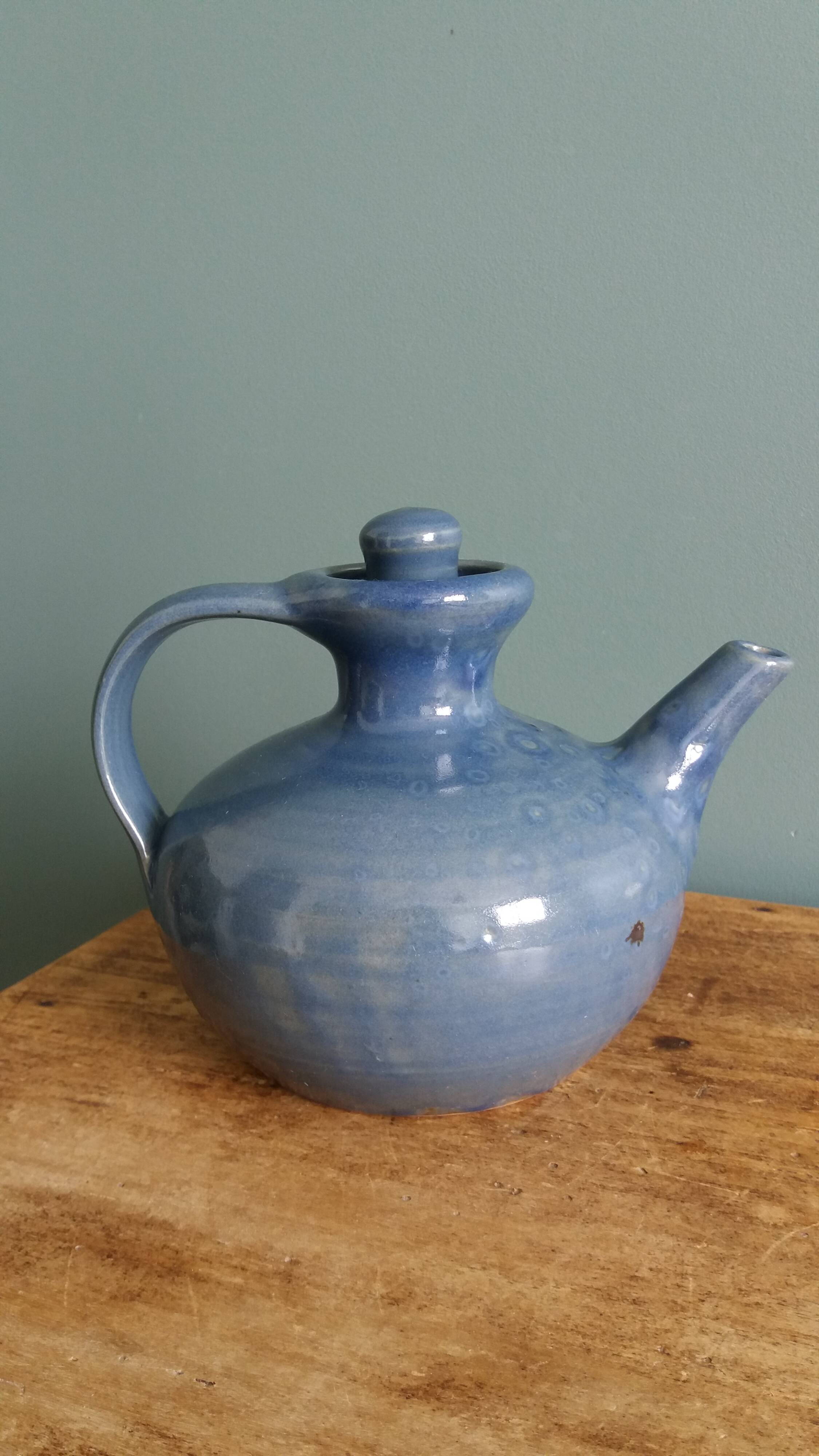 Blue glazed ceramic teapot signed