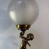 Antique lamp, gilded bronze, cherub, engraved glass globe, Mathieu lighting.