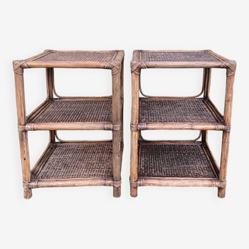 Pair of bamboo and rattan bedside tables, vintage end table