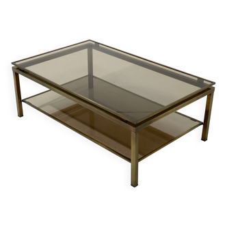 Two Tier Brass and Smoked Glass Coffee Table 1970s