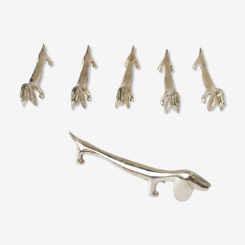 Set of 6 knife holders silver metal dog