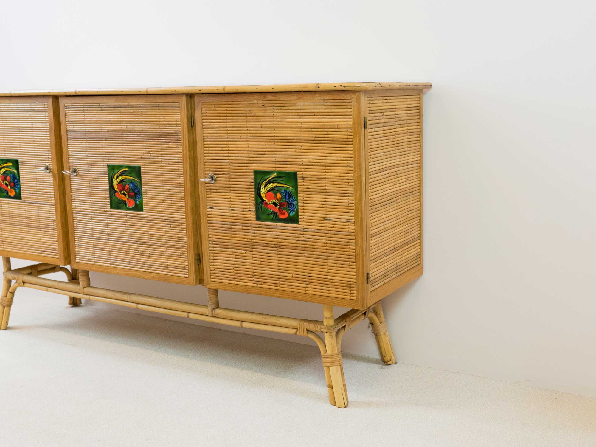Rattan sideboard, Vallauris tiles, 1950s