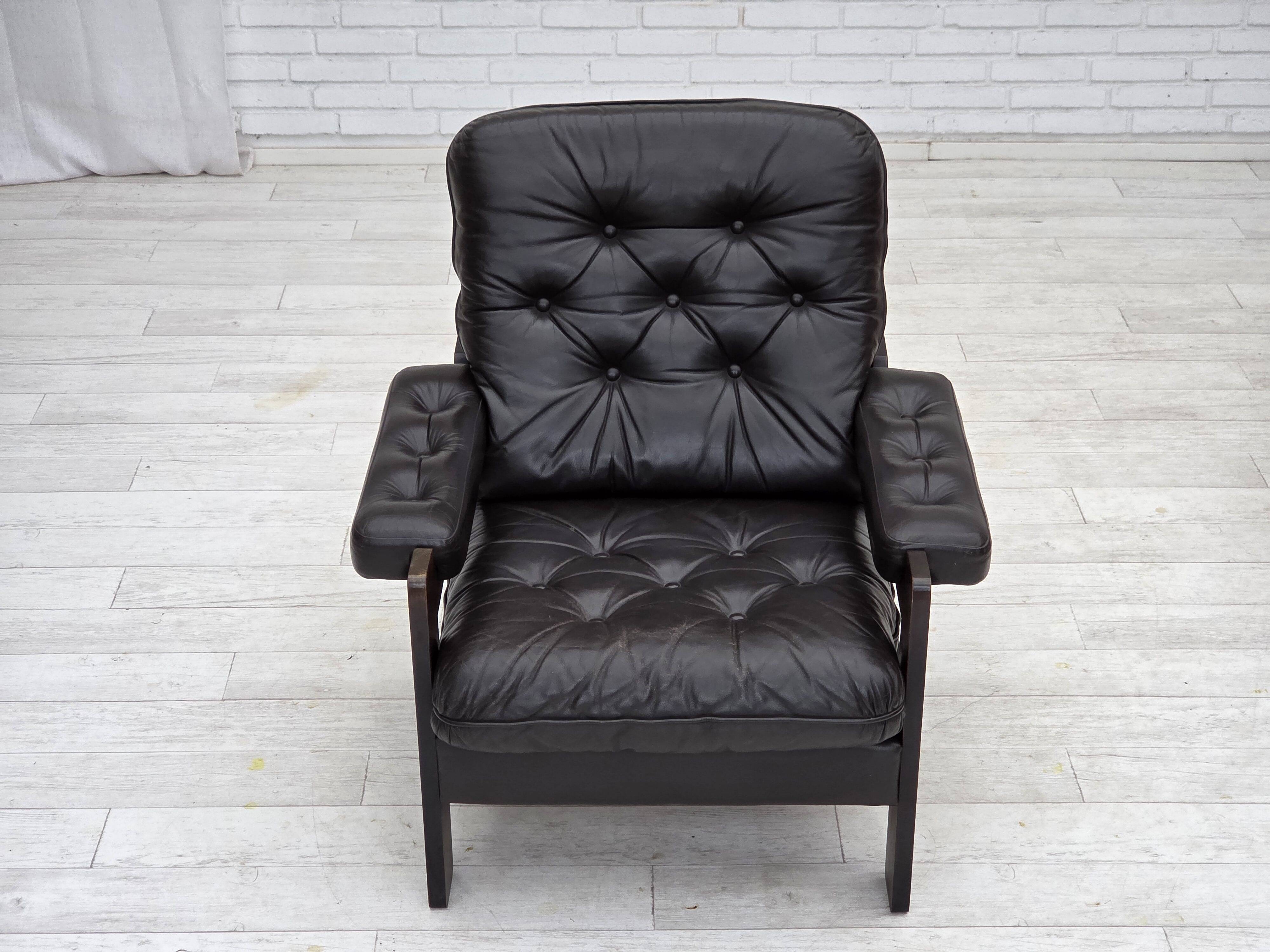 1970s, Danish armchair, brown furniture leather, oak wood.