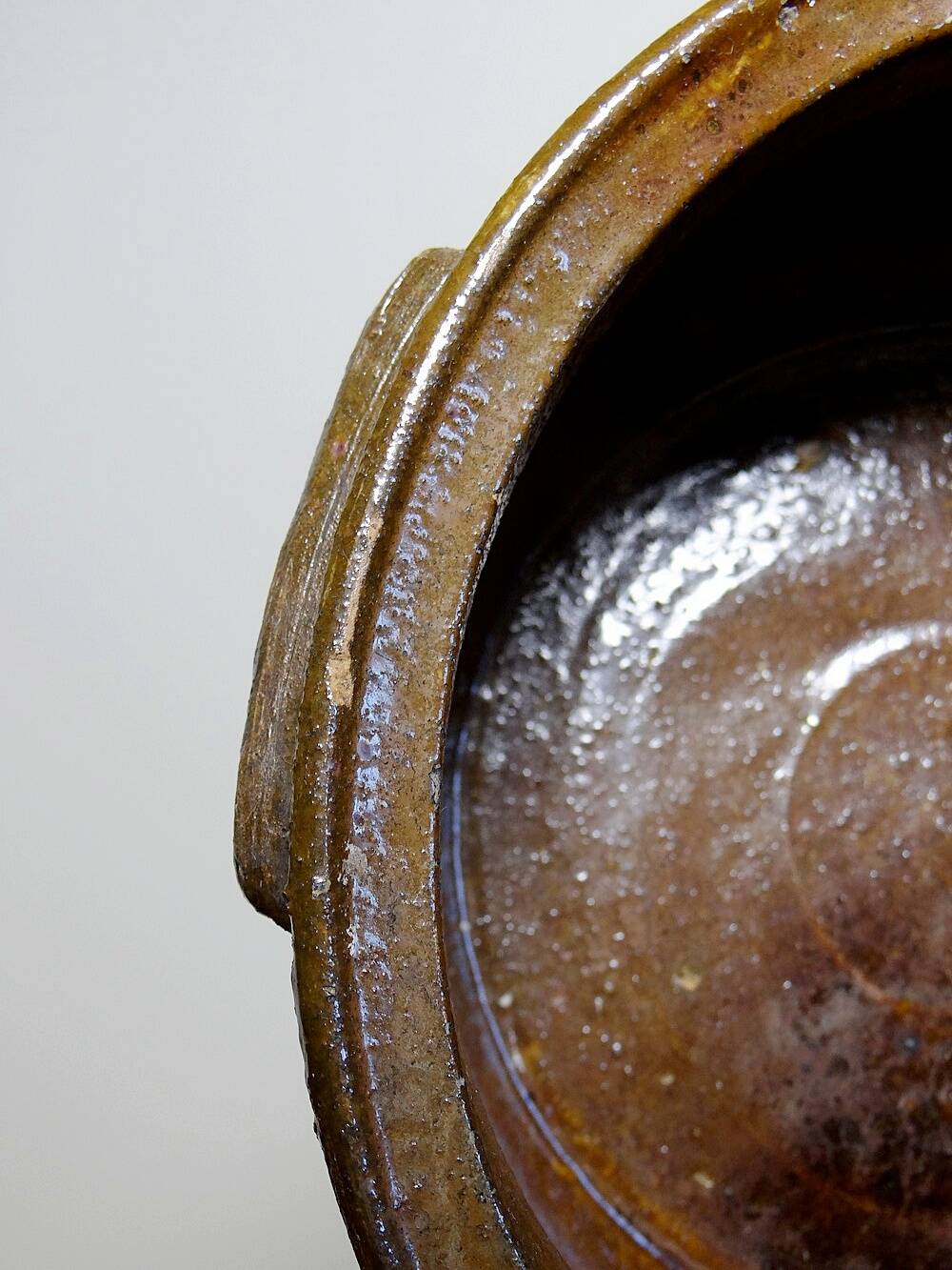 Antique 20th century enamelled Puisaye stoneware pot/bowl with ears