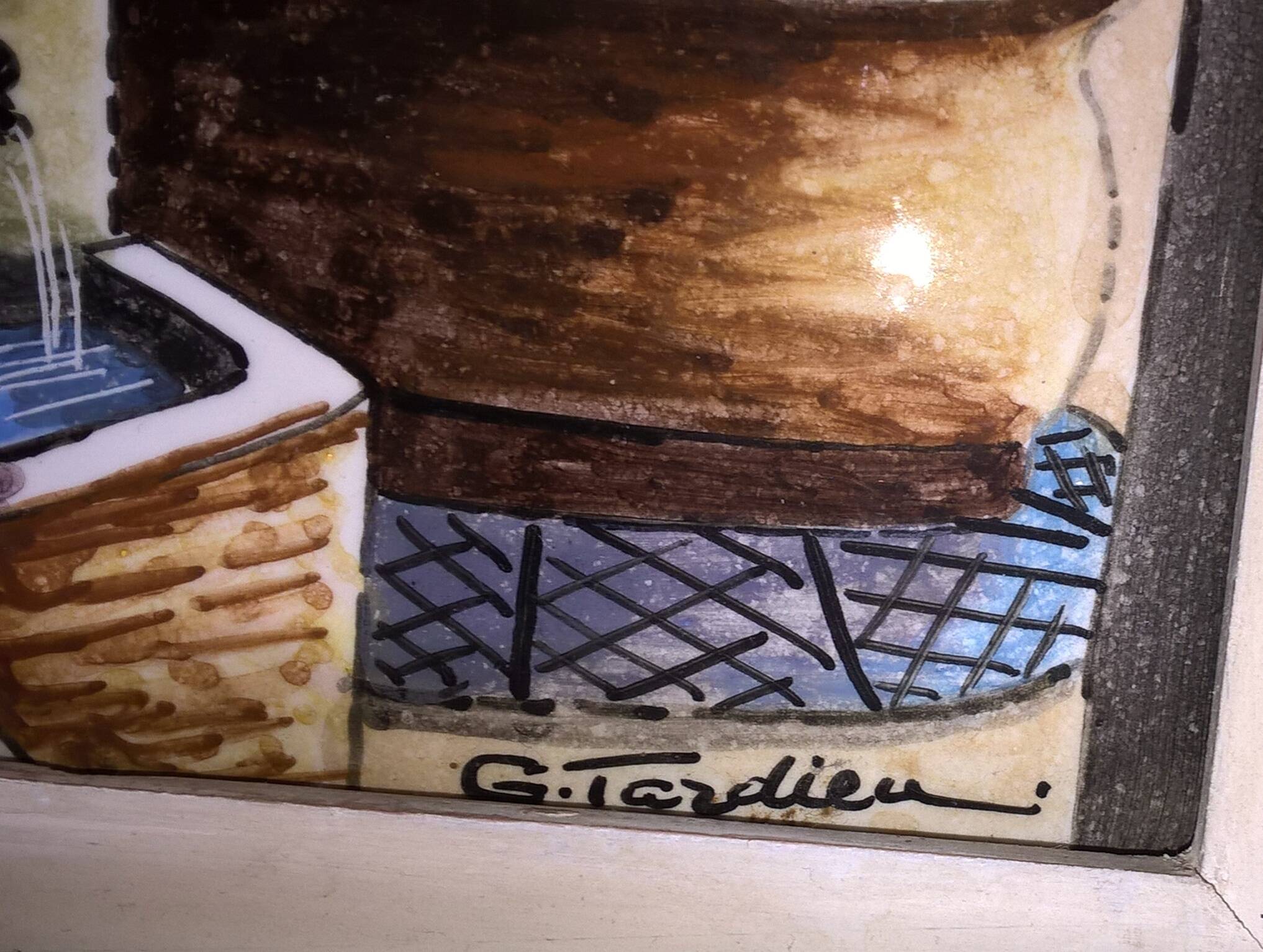 Painting frame painted on ceramic by g. tardieu city of biot fountain