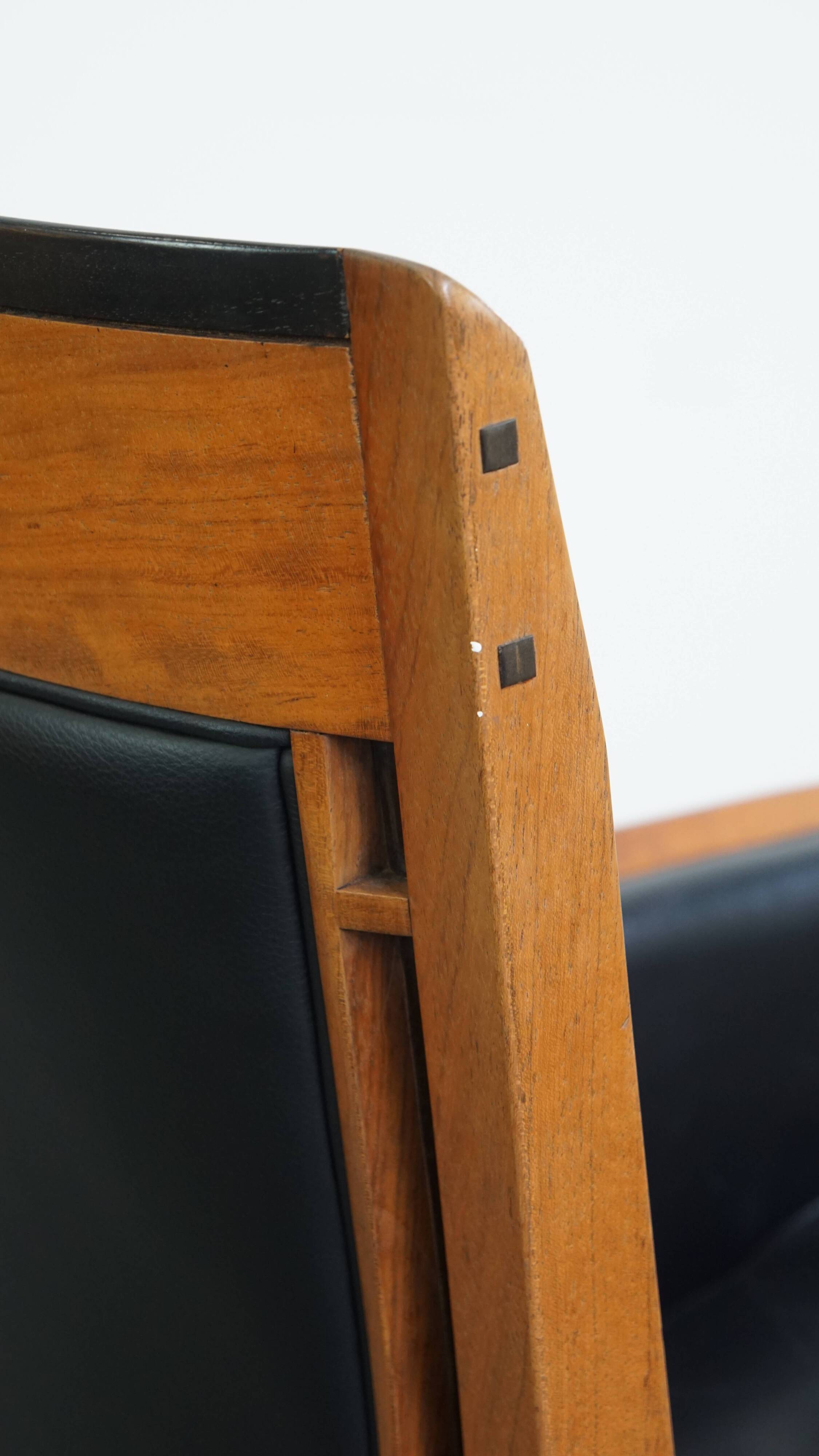 Black Cowhide Leather and Wooden Art Deco Armchair