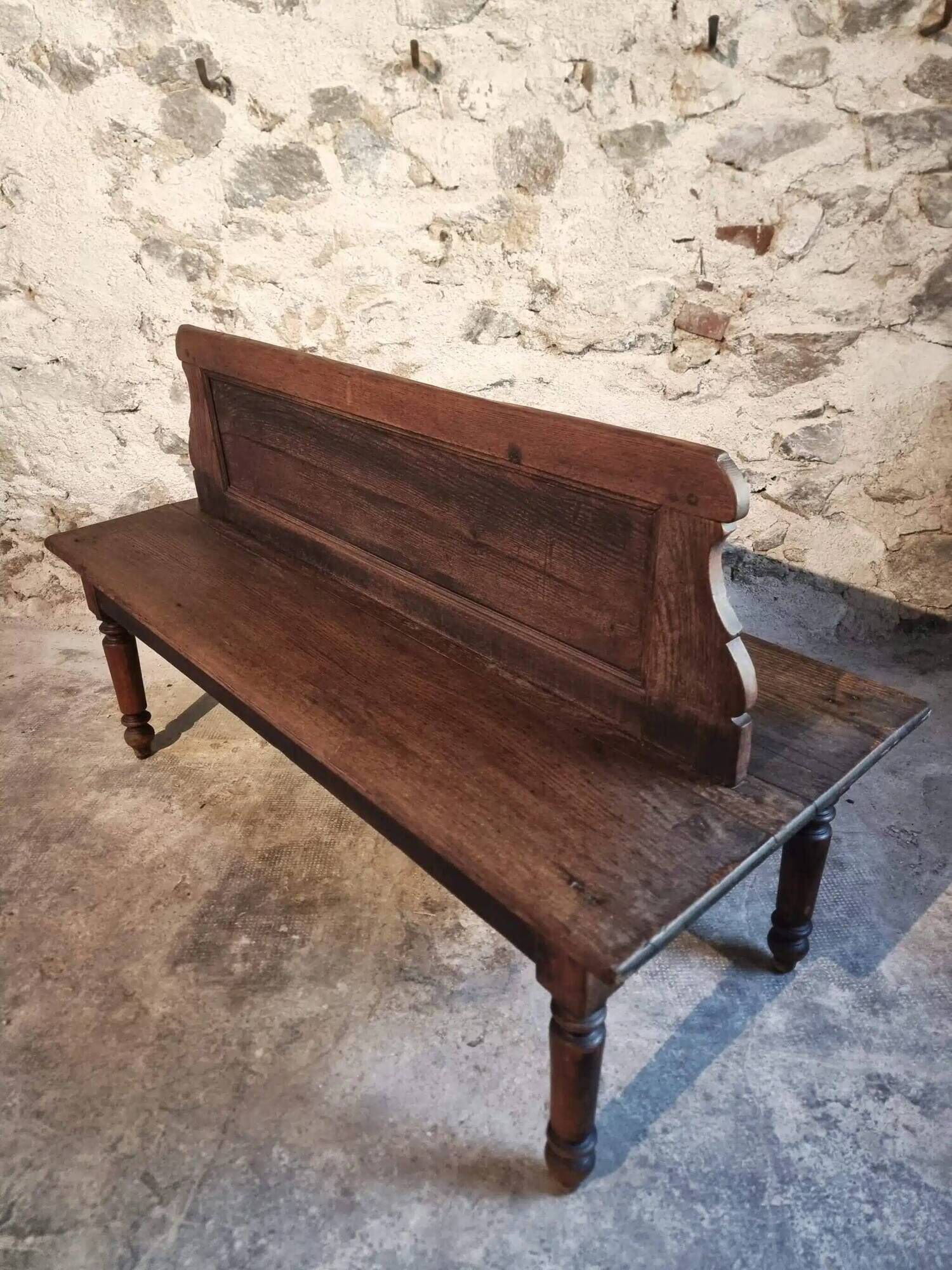 Antique French oak station bench – double-sided, 19th century (140 x 61 x 86 cm)