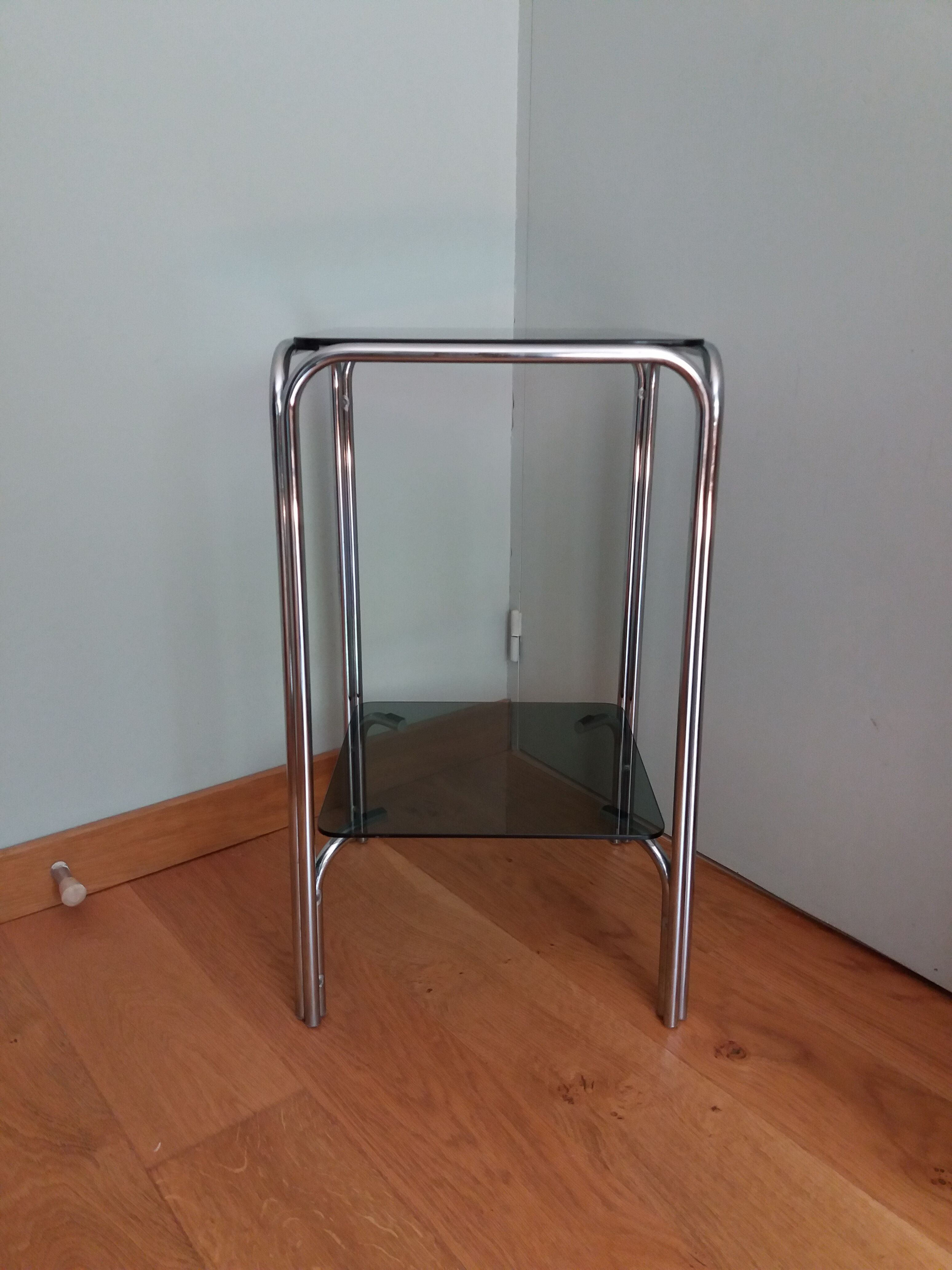 Console end table in chrome metal and smoked glass Space Age