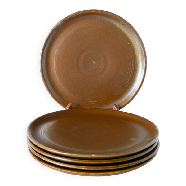 Lot de 5 grandes assiettes plates en grès, 1970