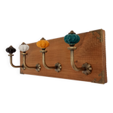 Vintage style wall coat rack – wood and multicoloured ceramic hooks