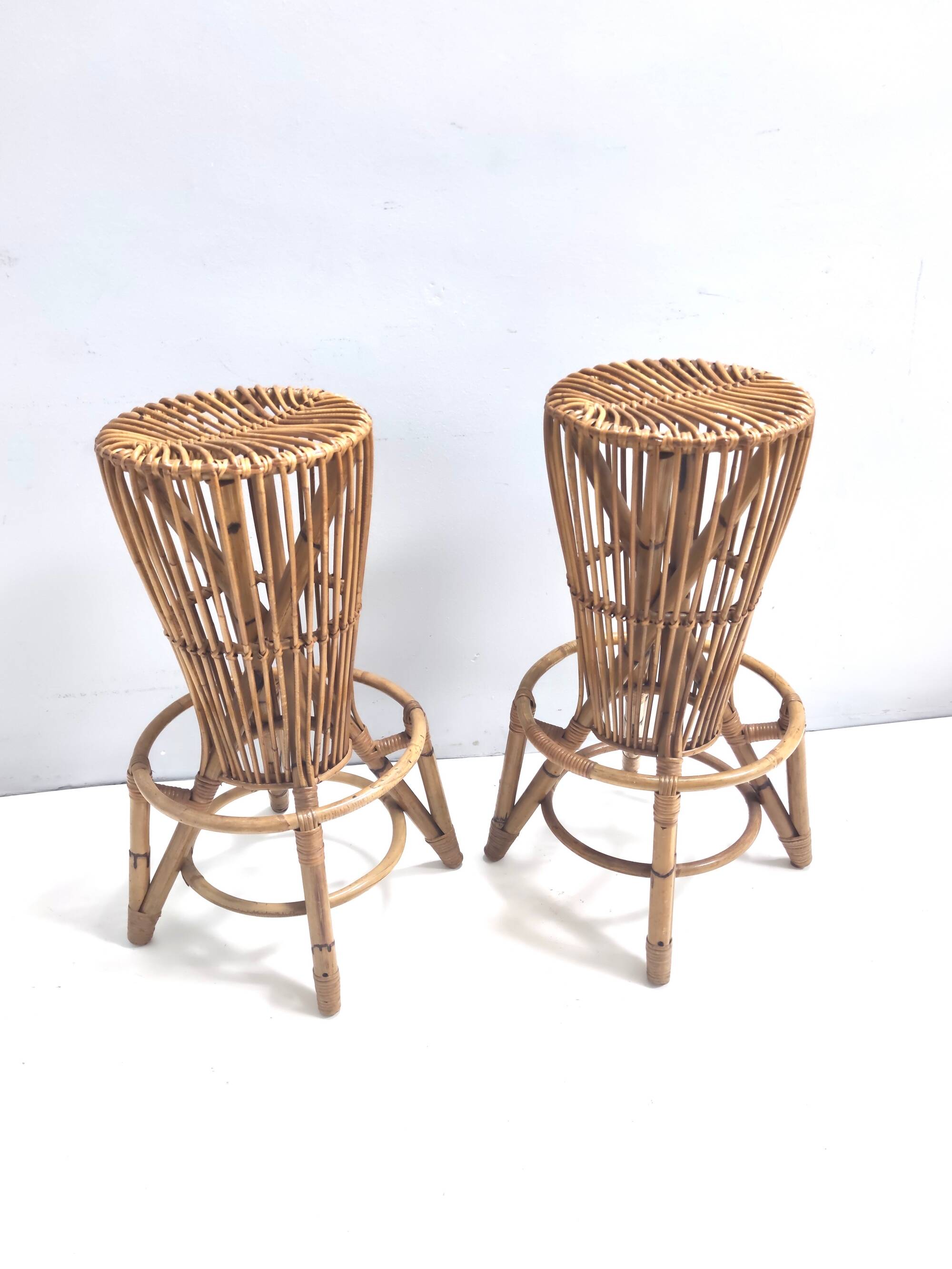 Pair of Postmodern Italian Round Bamboo Stools in the style of Agnoli