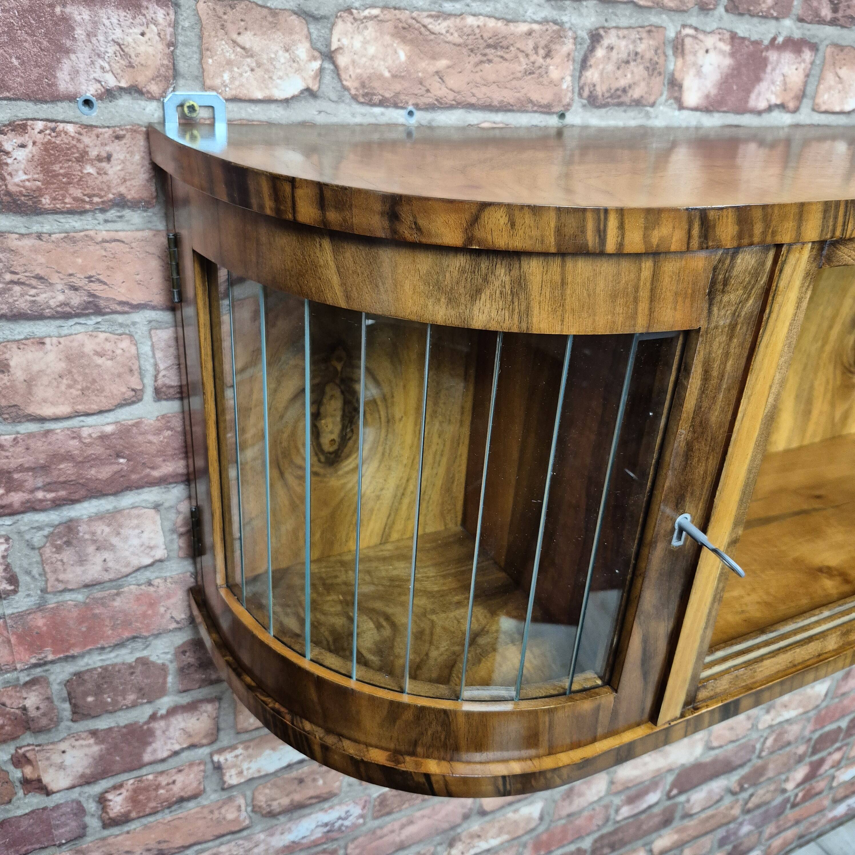 Rare 3-Zone Art Deco Walnut Wall Display Cabinet with Slatted Glass Doors