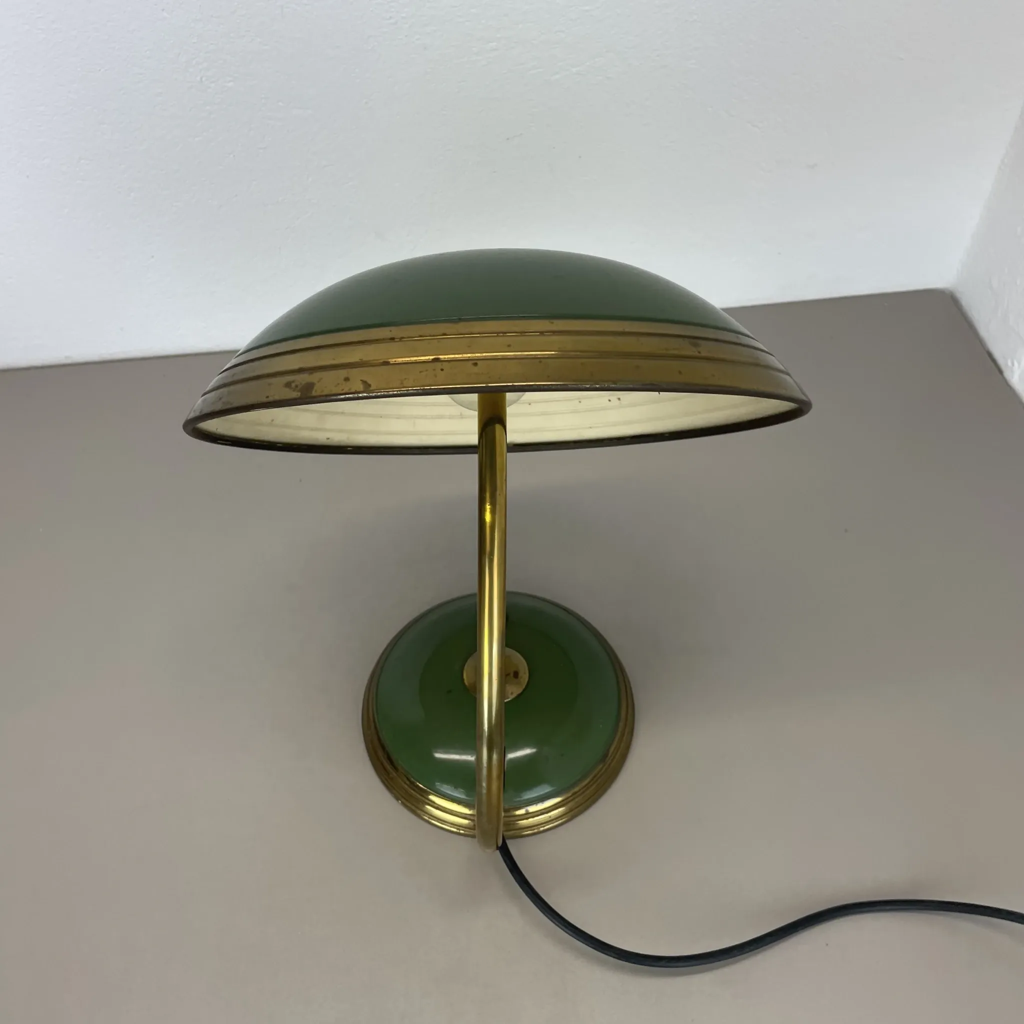 German green bauhaus table lamp in brass and metal by helo lights, germany, 1950s