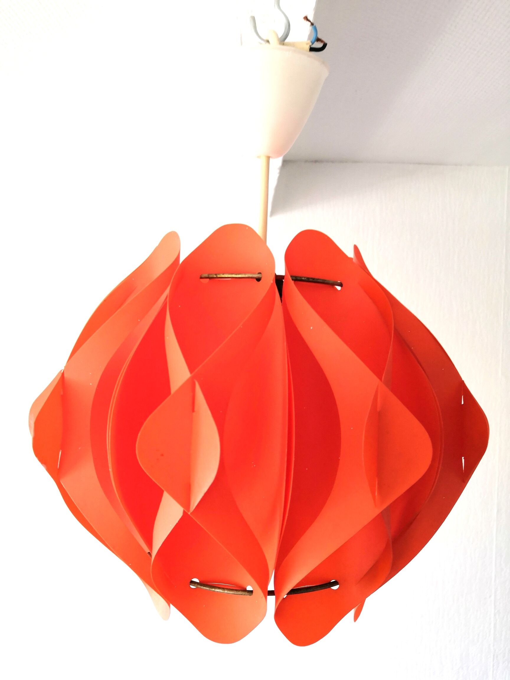 Orange pendant lamp in pleated plastic design 70s