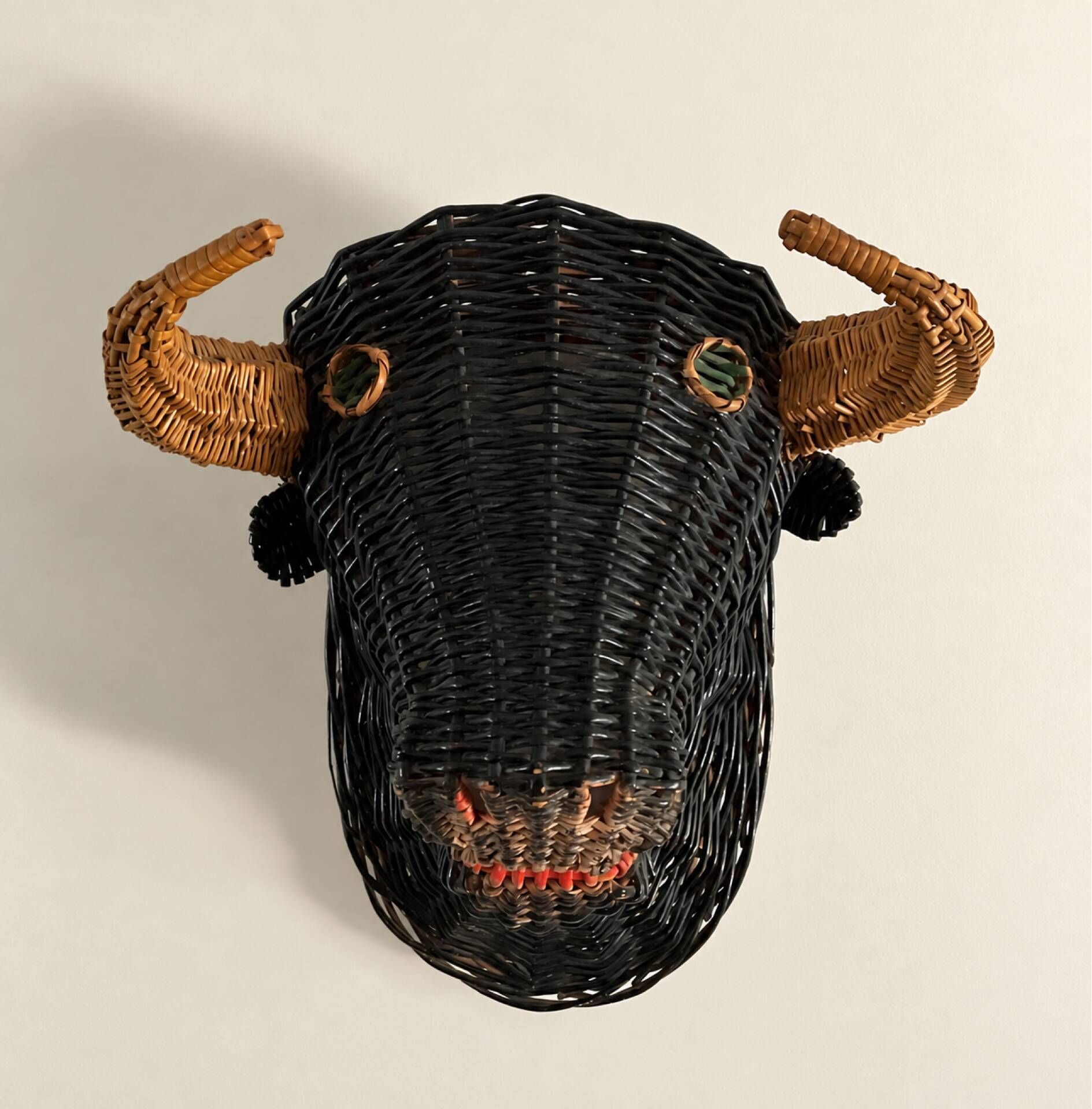 Rare polychrome wicker bull's head trophy, circa 1950.