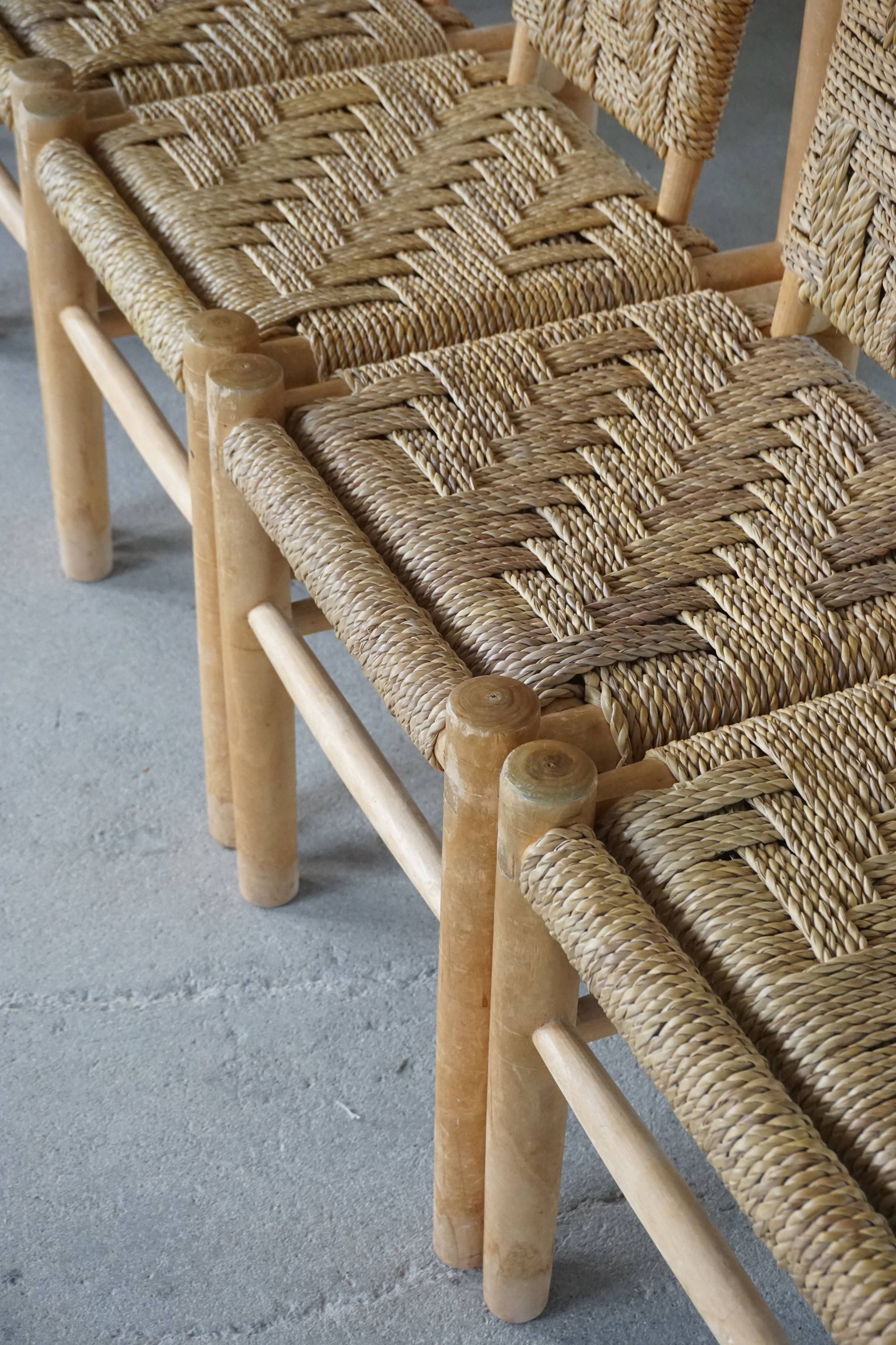 Set of 6 French Mid Century Naturalist Woven Highback Chairs in Solid Elm, 1960s
