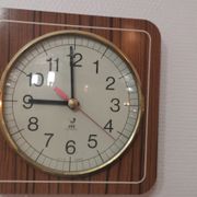 Old wall clock jaz quartz wall clock in formica brown 1960s