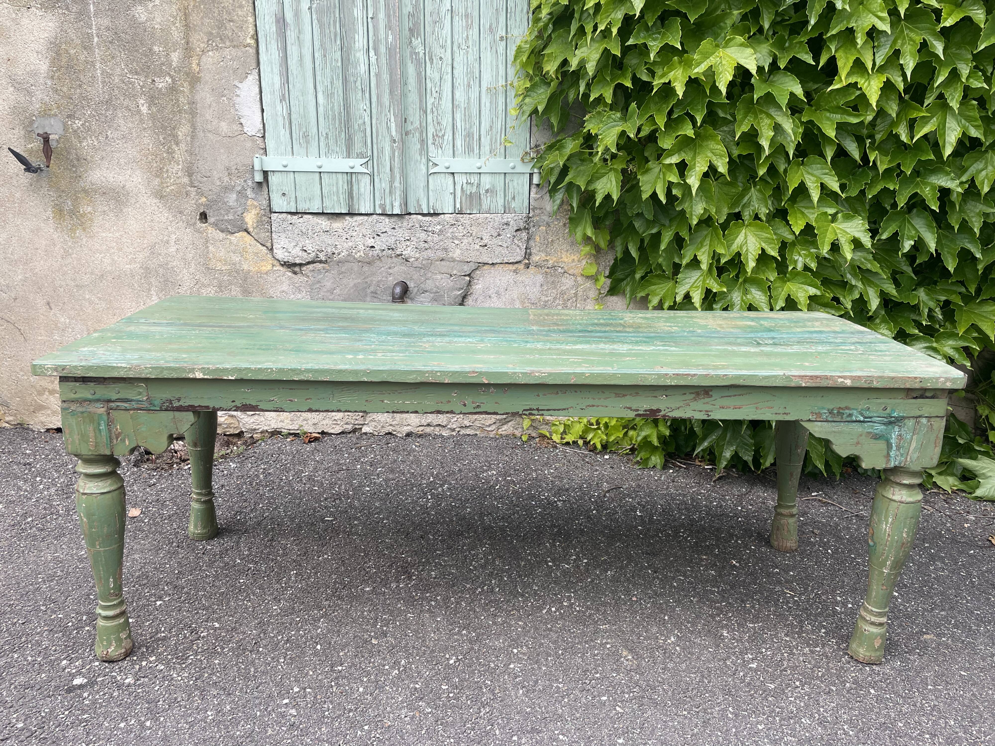 Indian coffee table in green lacquered teak