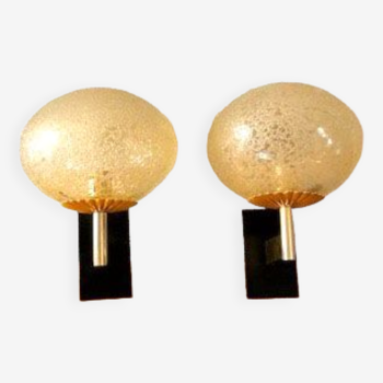 Pair of brass appliques and amber globe, 1960