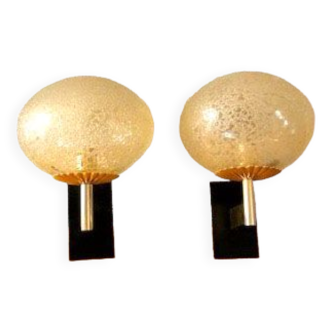 Pair of brass appliques and amber globe, 1960