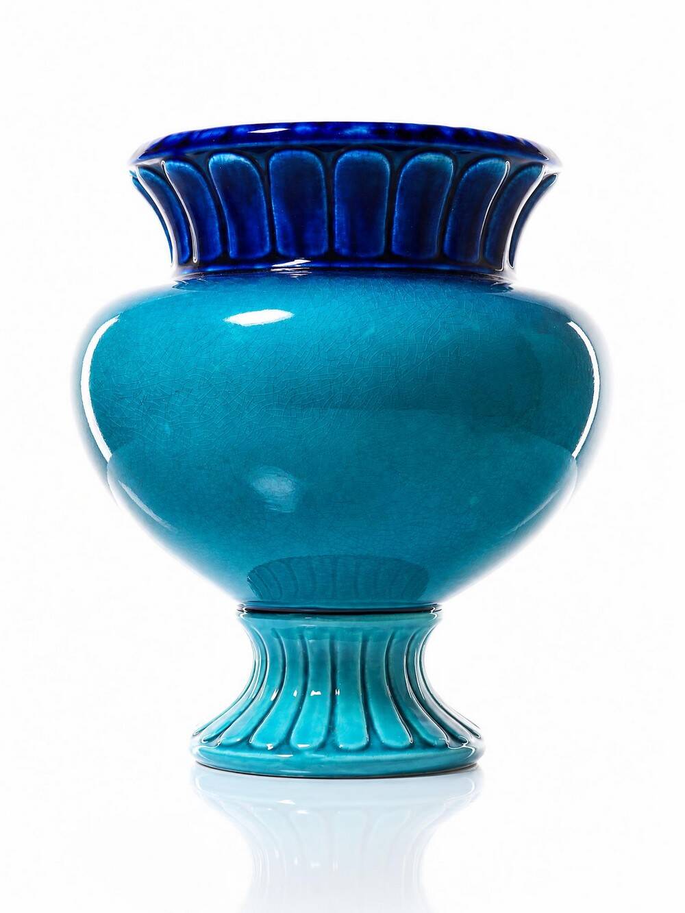 Turquoise & cobalt blue glazed earthenware vase/cache-pot by D. Dinis, 1960s-80s.