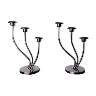 Pair of art deco candlesticks in stainless steel 3 flames, Spain, 1970