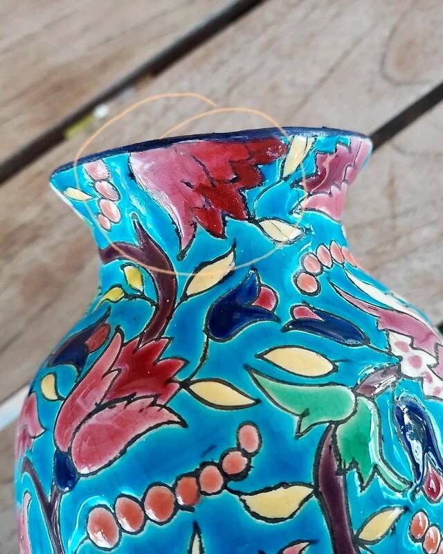 Longwy enamel vase – 24 cm high – decorative floral glazed earthenware
