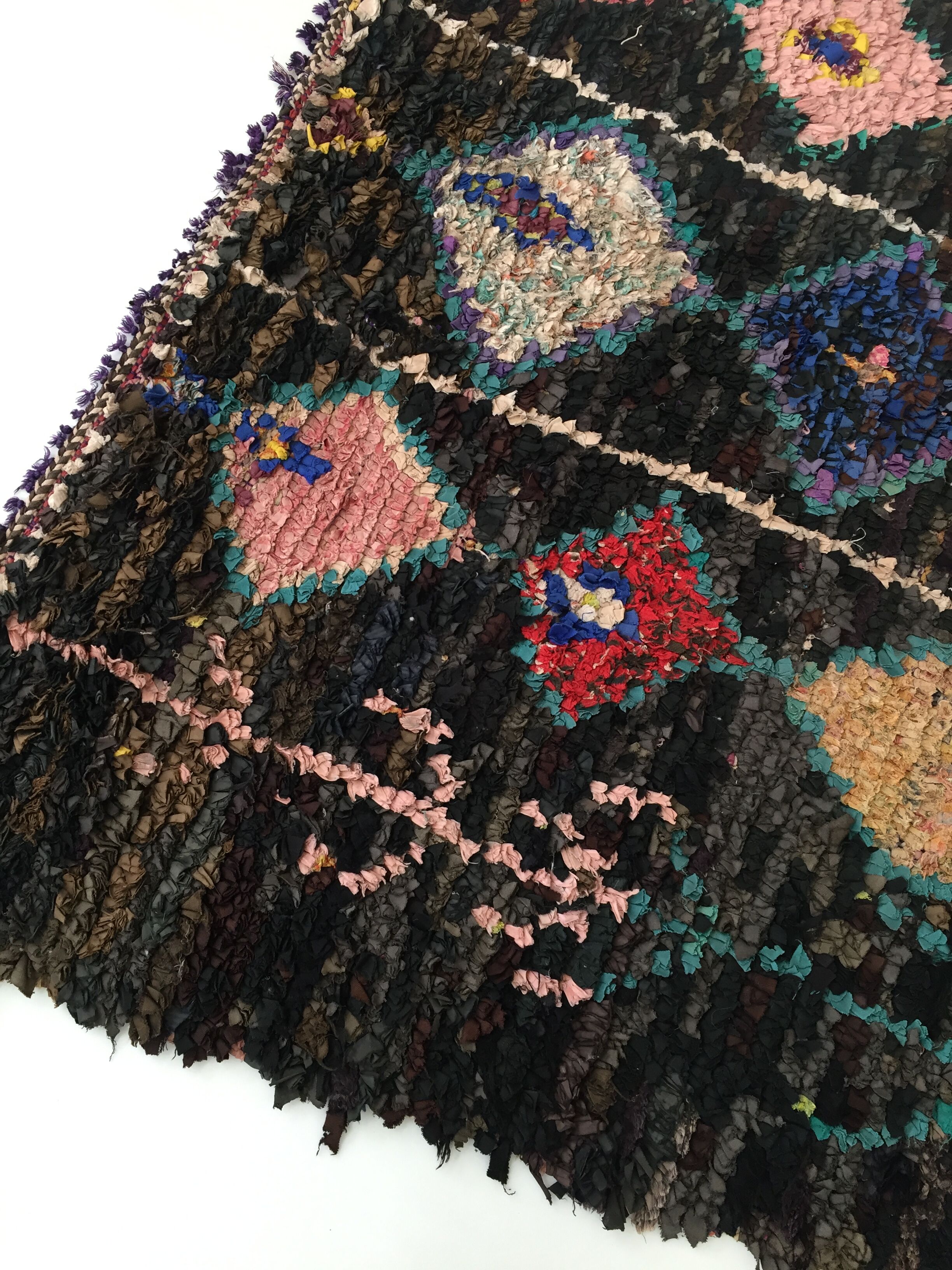 Moroccan Berber carpet Black Boucherouite with diamonds and colorful patterns 192x145cm