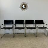 Lot of 4 tubular metal and black leather chairs MG5 Grassi style 70s