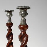 Pair of French Barley Twist candlesticks in wood with silver-plated bobeche