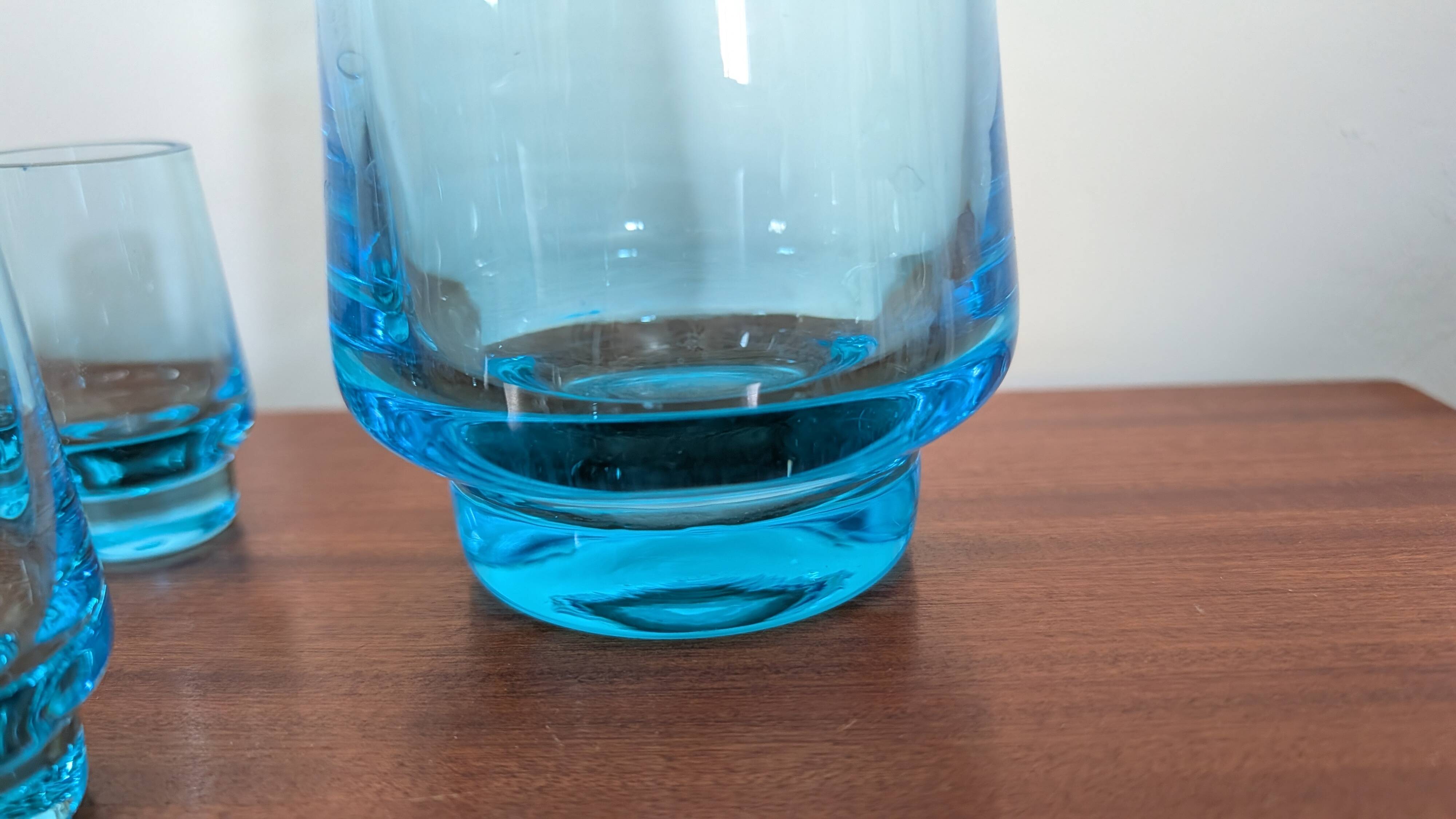 Smoky blue glass liqueur set from the 70s.
