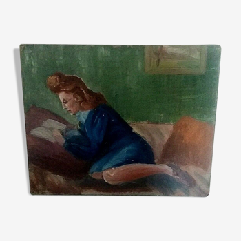 Tableau huile sur carton femme allongées années 40-50