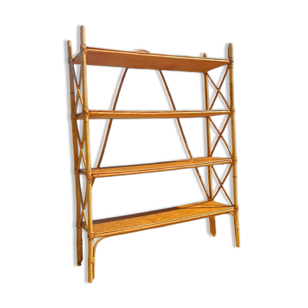 Étagère vintage en bambou et rotin 4 niveaux –années 70