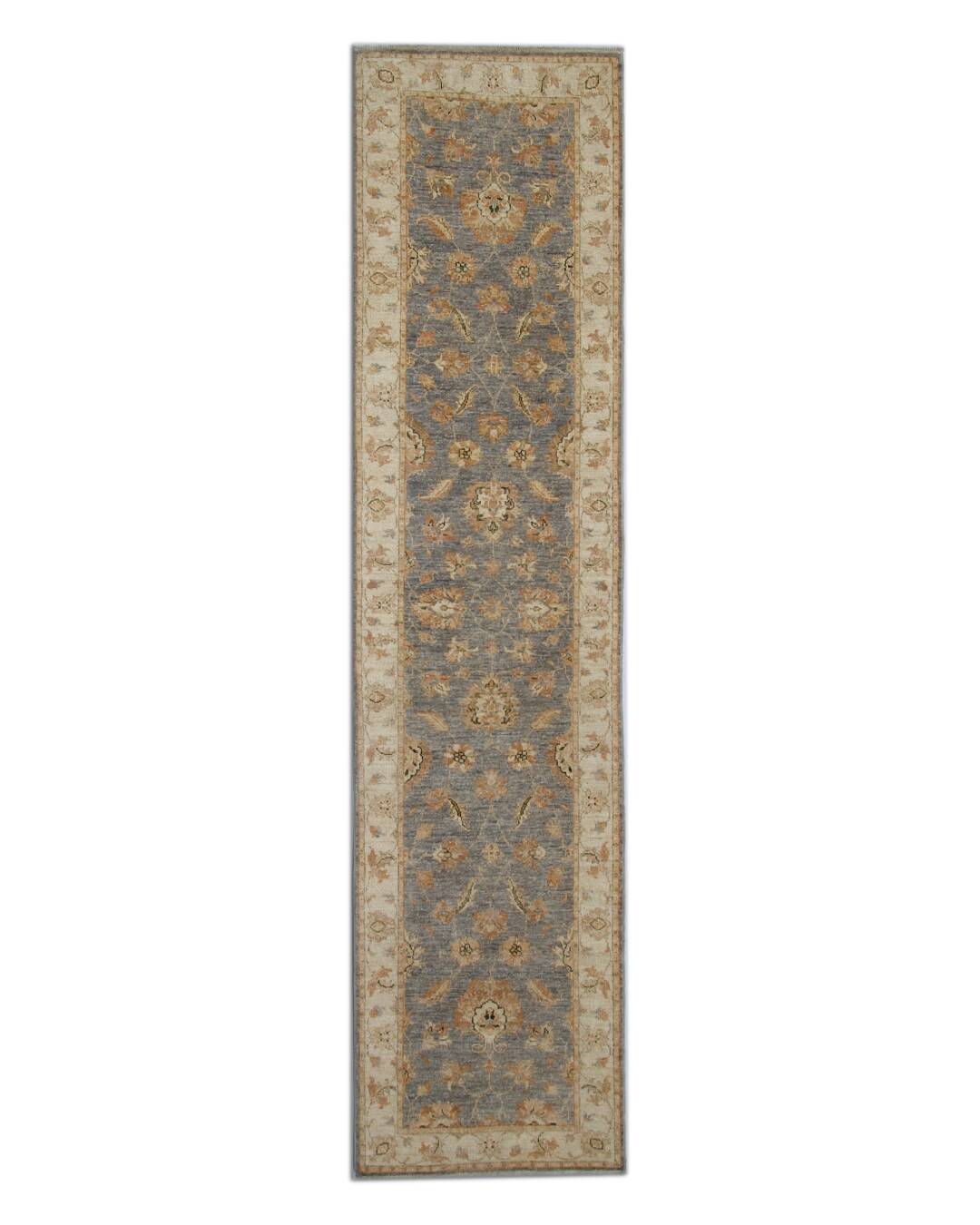 Handmade Beige & Grey Wool Runner Rug, Oriental Hallway Carpet 70x292 cm