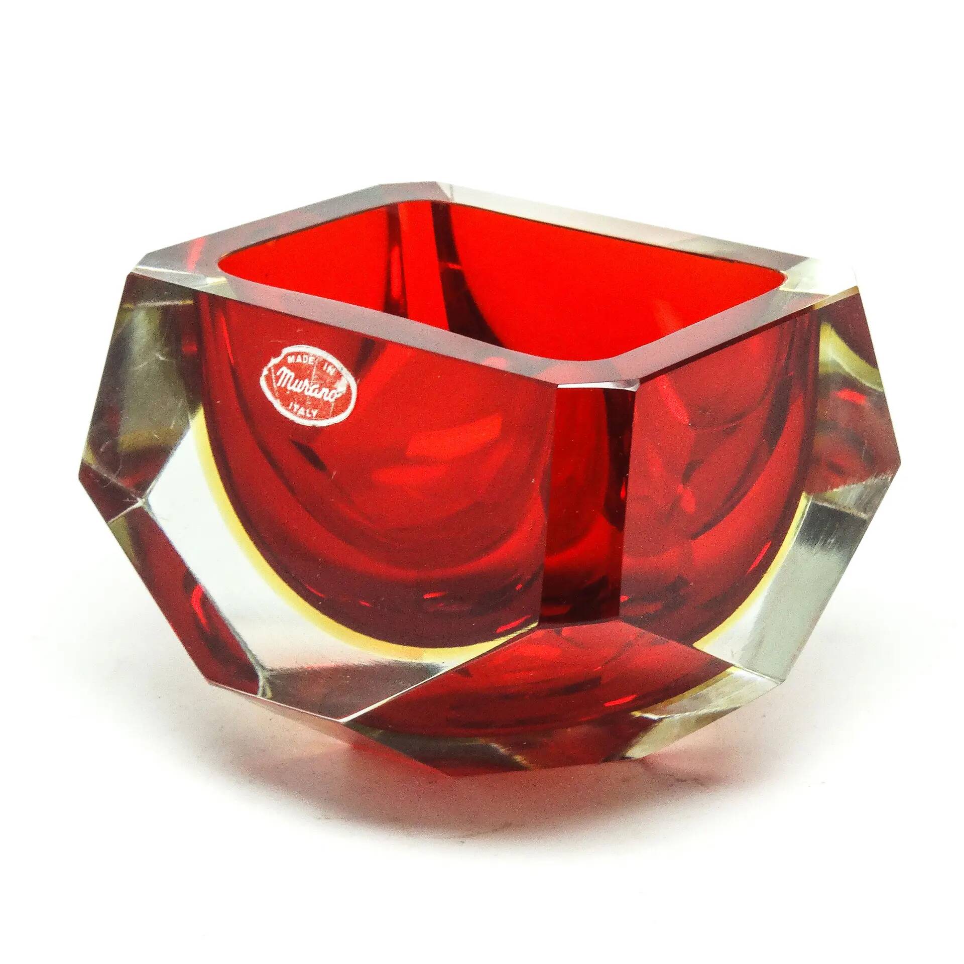 Murano basket, modernism, red glass, designed by F. Poli, Italy, 1950s