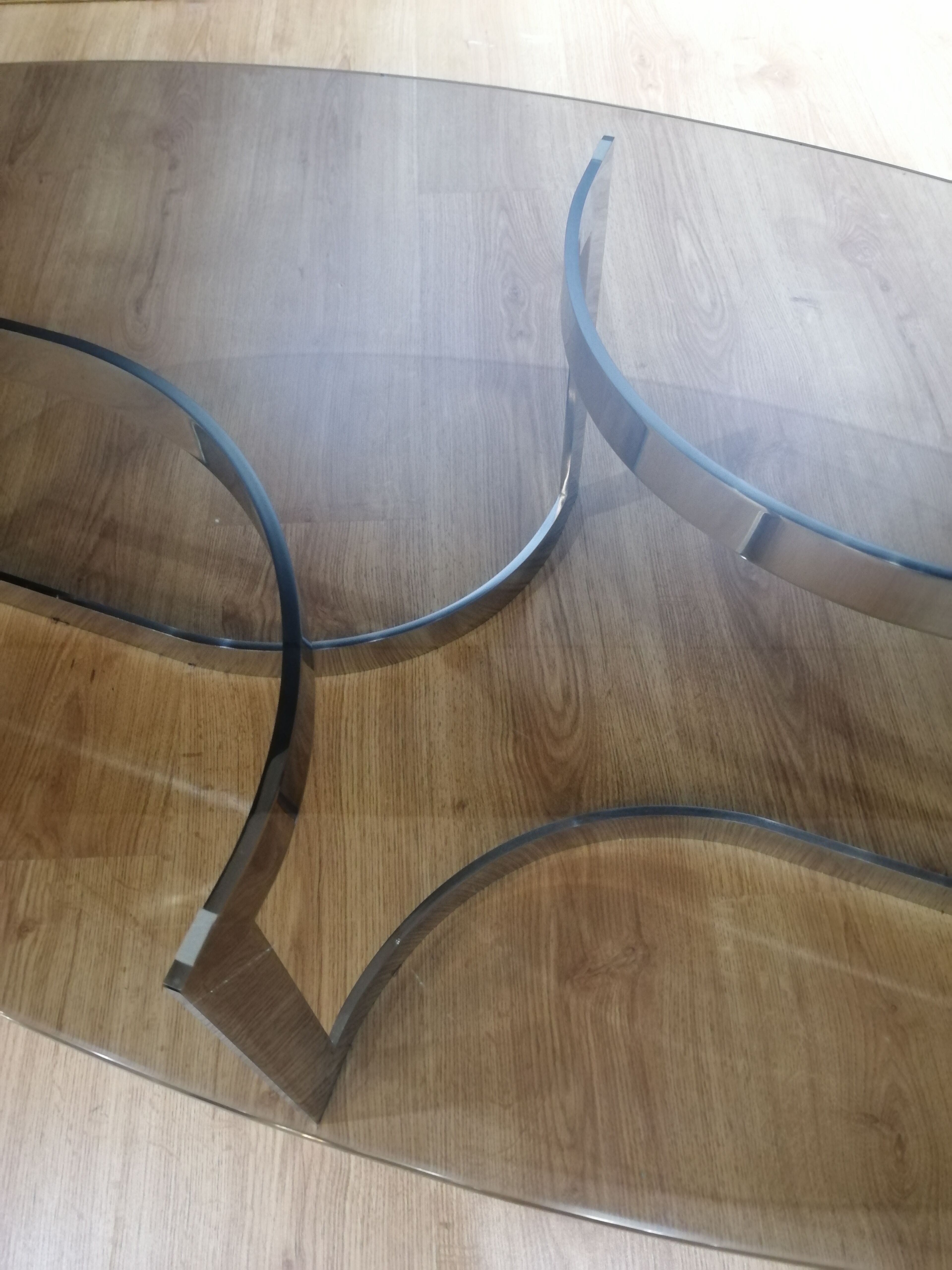 Coffee table in smoked glass and chrome by designer Paul Legeard, 70s